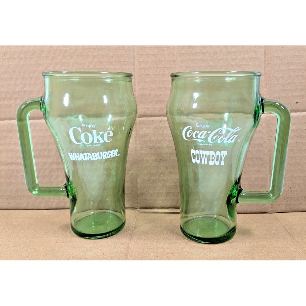 Vintage 1980's Coca-Cola Cowboy Whataburger Green Glass Handled Mug - Rare
